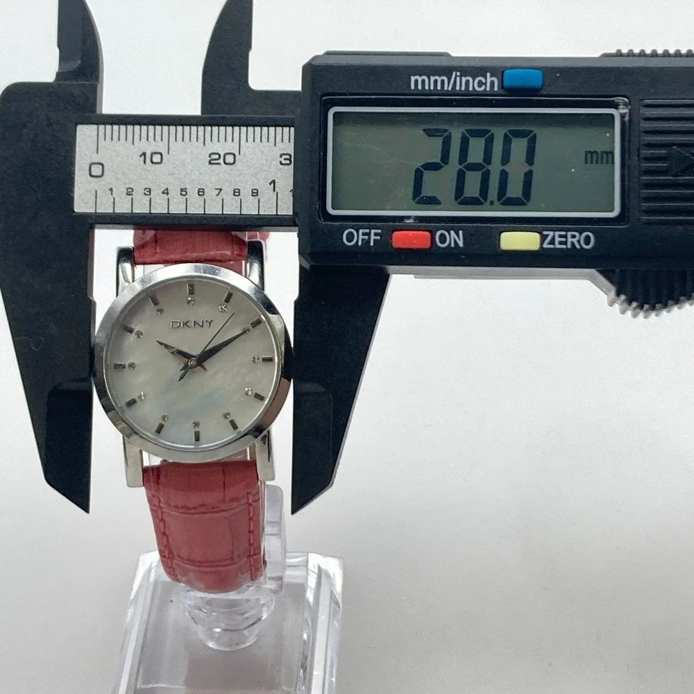 DKNY Women's Watch Silver Tone 28mm MOP Dial Pink Leather New Battery 8.25